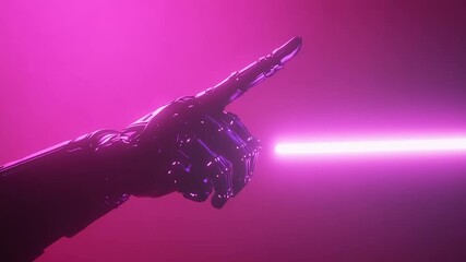 Metallic robotic arm pointing forward in neon light