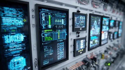Wall Mural - futuristic control panel displaying complex data and information on multiple screens, showcasing adv