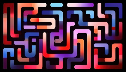 Wall Mural - colorful abstract gradient maze with rounded geometric paths on black background for modern web desi