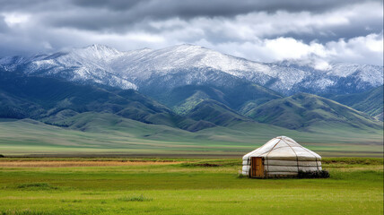Wall Mural - landscape with nomadic yurt on a green field in highlands against the background of mountains in spring in Asia in Kyrgyzstan