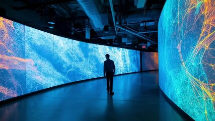 Wall Mural - businessman standing in a dark room is looking at a large curved screen displaying colorful global c