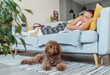 © Soloviova Liudmyla - Maltipoo dog lying on carpet while middle aged female sleeping relaxing on comfortable living room sofa enjoying quiet peaceful moment together in cozy home environment