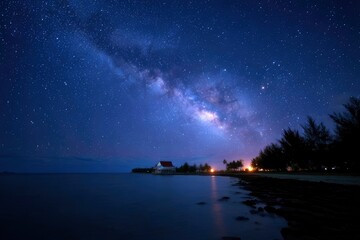 Wall Mural - Nightscape Milky Way arches over a tranquil shore with a small house visible