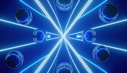 Wall Mural - glossy floating bubbles intersected by glowing neon blue light beams on dark background for futurist