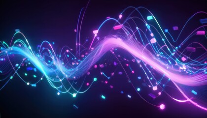 Wall Mural - vibrant neon wave stream with glowing particles on dark background for futuristic web design, tech b