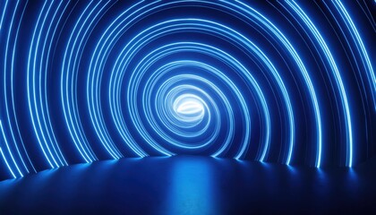 Wall Mural - glowing neon blue circular tunnel with luminous curved lines on dark background for futuristic web d
