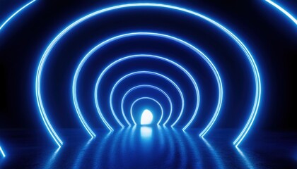 Wall Mural - glowing neon blue circular tunnel with luminous curved lines on dark background for futuristic web d