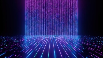 Wall Mural - curved neon led wall in purple and blue glowing lights with reflective floor in futuristic virtual r