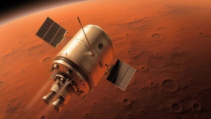 Wall Mural - spacecraft with solar panels flying above mars surface, revealing detailed crater landscape in orang