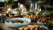 © Larisa AI - A beautifully arranged dining table featuring a variety of gourmet dishes, paired with glasses of white wine, perfect for a fine dining experience with friends or family.