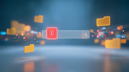 Wall Mural - data search error: a digital representation of a search interface, with a warning icon and file fold
