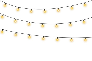 Wall Mural - Shiny garland outlines New Year banner. Circle of light forms magical border. Soft yellow bulbs hang on thread. Twilight glow fills joyful evening sky. 