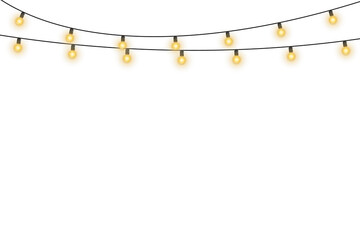 Wall Mural - Glowing string winds through winter cabin. Garland lamps brighten shop window. Circular light wraps elegant product box. Gold sparkle floats on black poster. LED chain highlights birthday party banner