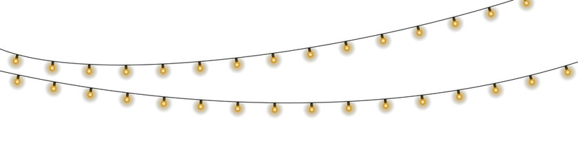 Wall Mural - Twinkling fairy lights glow in soft amber. Golden garland loops around festive corner. Warm bulbs dangle on celebration wire. Holiday sparkle brightens the dark scene.