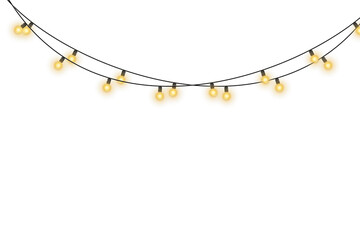 Wall Mural - Shiny garland outlines New Year banner.
Circle of light forms magical border. Soft yellow bulbs hang on thread. Twilight glow fills joyful evening sky. 
