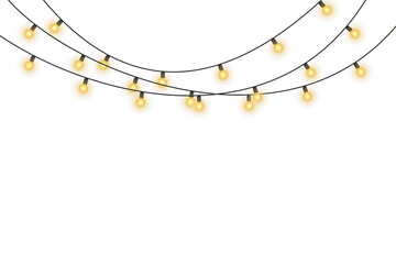 Wall Mural - Twinkling fairy lights glow in soft amber. Golden garland loops around festive corner. Warm bulbs dangle on celebration wire. Holiday sparkle brightens the dark scene.