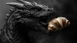 © Oleh - A fierce black-scaled dragon holds a crisp croissant in its jaws against a dark smoky background — a surreal and humorous fusion of danger and pastry