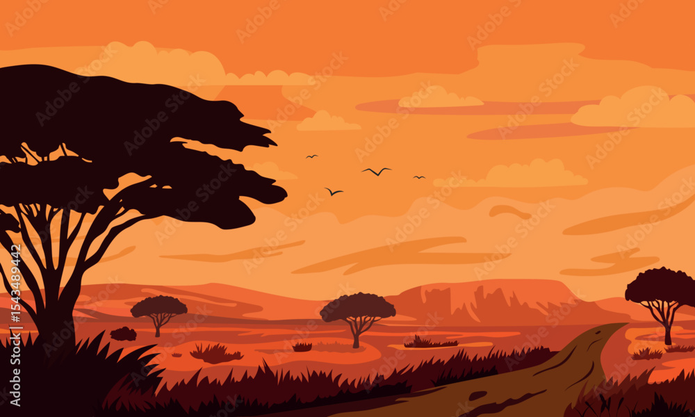 African savannah sunset landscape. Nature panorama. Stock Vector ...