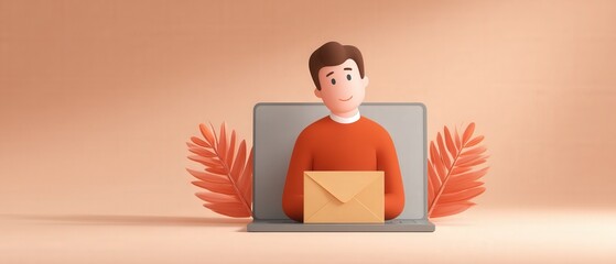 Cartoon man appears from behind a laptop with a mail envelope. Communication design, message notification, internet service, digital marketing, online business