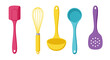 © Gabriel - Illustration of five colorful kitchen utensils including spatula whisk and spoons
