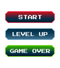 retro pixel art gaming buttons set with start, level up, and game over text in vibrant red, blue, an