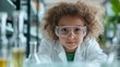 © Larisa AI - A young girl with curly hair wears protective goggles and a lab coat, focused on her scientific experiments in a vibrant, colorful lab filled with various glassware and learning materials.