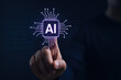 © tonstock - Innovation in artificial intelligence is highlighted as a interacts with a glowing digital interface symbolizing advanced technology integration in business