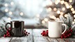 © Larisa AI - Two elegant mugs sit on a rustic wooden table garnished with festive red berries and pine branches, glowing against a dreamy bokeh background of soft Christmas lights.