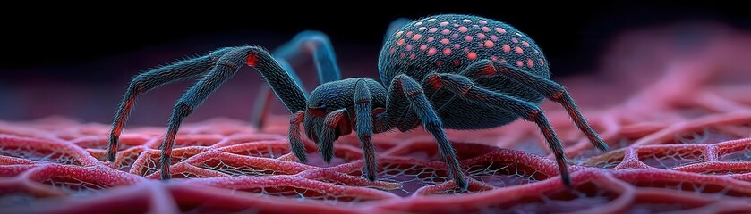 Spider crawling on vibrant web macro photography scientific exploration dark background close-up view nature's intricacies