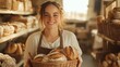 © Larisa AI - This image features a happy young baker holding a basket of freshly baked bread in a warm, rustic bakery, showcasing the joy of crafting bread and the artistry of baking.