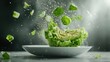© Larisa AI - Fresh green lettuce exploding into pieces mid-air, capturing the essence of freshness and vitality, perfect for conveying culinary creativity and healthy living.
