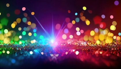 Wall Mural - vibrant multicolor bokeh with sparkling glitter foreground and radiant blue lens flare, ideal for we