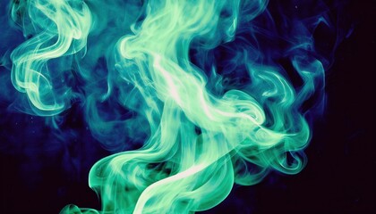 Wall Mural - vibrant green smoke swirl on deep blue black background for surreal design use in digital art, album