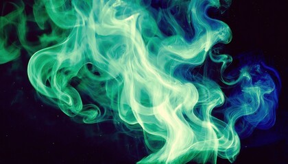 Wall Mural - vibrant green smoke swirl on deep blue black background for surreal design use in digital art, album