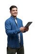 © muse studio - Young man with a friendly smile interacting with a tablet, expressing joy