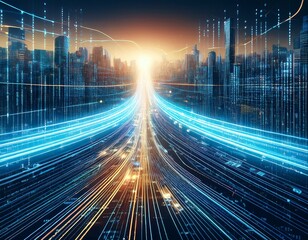 digital data flow on road in concept of cyber global communication and coding with graphic creating 