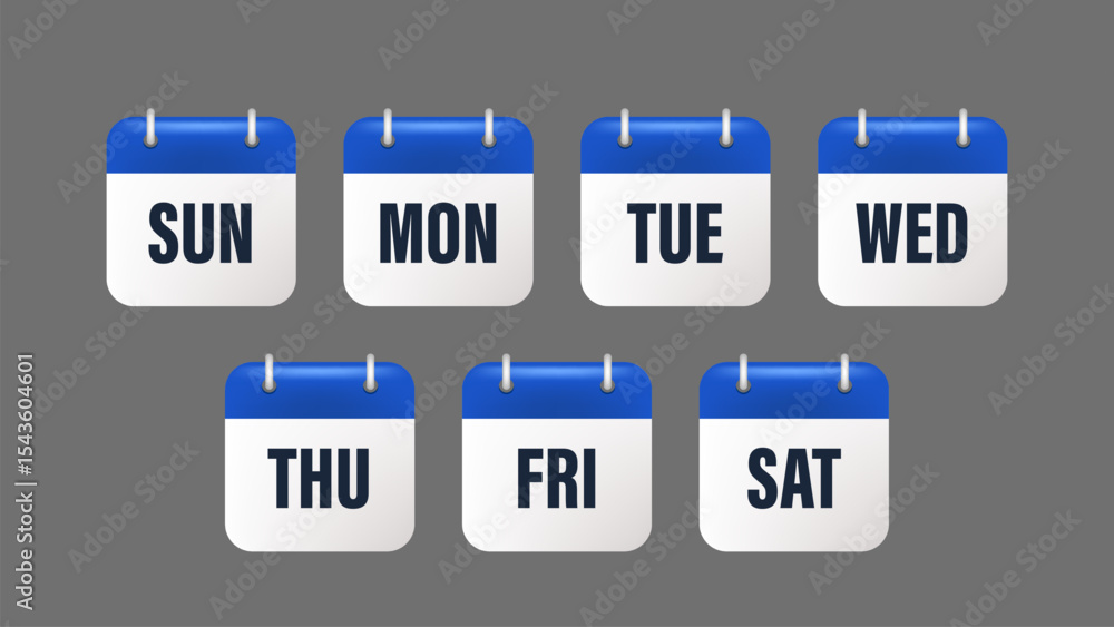 Calendar days of the week. Working days as Monday, Tuesday and Wednesday, Thursday or Friday. Event schedule date. Calendar weekend as Saturday, Sunday. Date reminder tags. 
