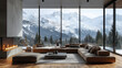 © dst - Modern mountain chalet living room. Panoramic windows showcasing snowy peaks and forested landscape
