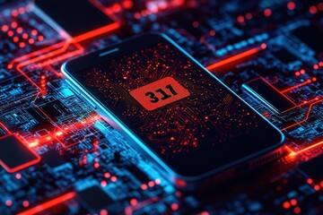 Smartphone screen displays 311 code on a glowing circuit board background, representing digital technology and connectivity.