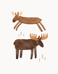 Wall Mural - nursery vector art with cute moos.funny hand drawn print with cartoon of moose on a white background