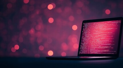 Laptop displaying code against a pink bokeh background
