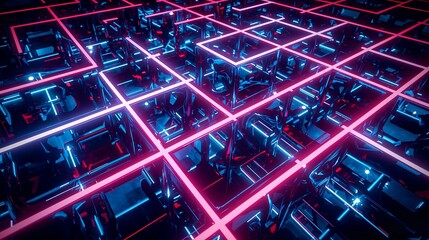 Canvas Print - abstract digital artwork neon pink blue cubes grid reflective surface glowing lines 3 d render