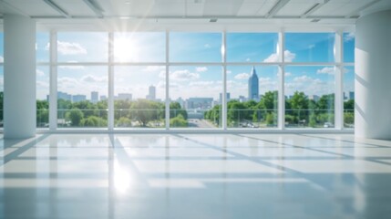 Canvas Print - bright sunlight streams through large windows in a modern white office space showing a cityscape