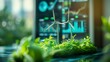 © Titon - A closeup of an eco-friendly business chart on the screen, with green plants and wind turbines growing.