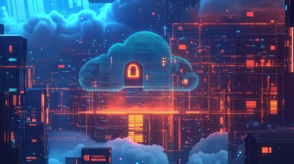 Cloud tech stores and manages data. A digital lock on a cloud shows info moving between big and small storage spaces, all on a network.
