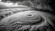 © Cheewynn - A dramatic, swirling hurricane seen from above, with dense clouds and a distinct eye at the center in black and white