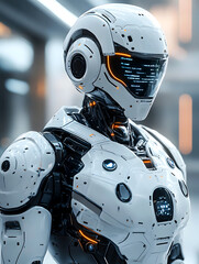 a futuristic white robot with advanced artificial intelligence stands in a modern setting