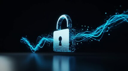 Digital padlock symbolizing cybersecurity with flowing data streams in a dark background