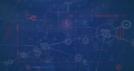 Wall Mural - Displaying network diagram linking globe icons on data dashboard, with hex grid, numeric digits