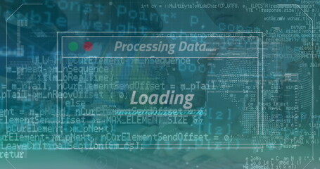 Wall Mural - Displaying UI window showing processing data loading on screen, with overlaid code, circuit motif
